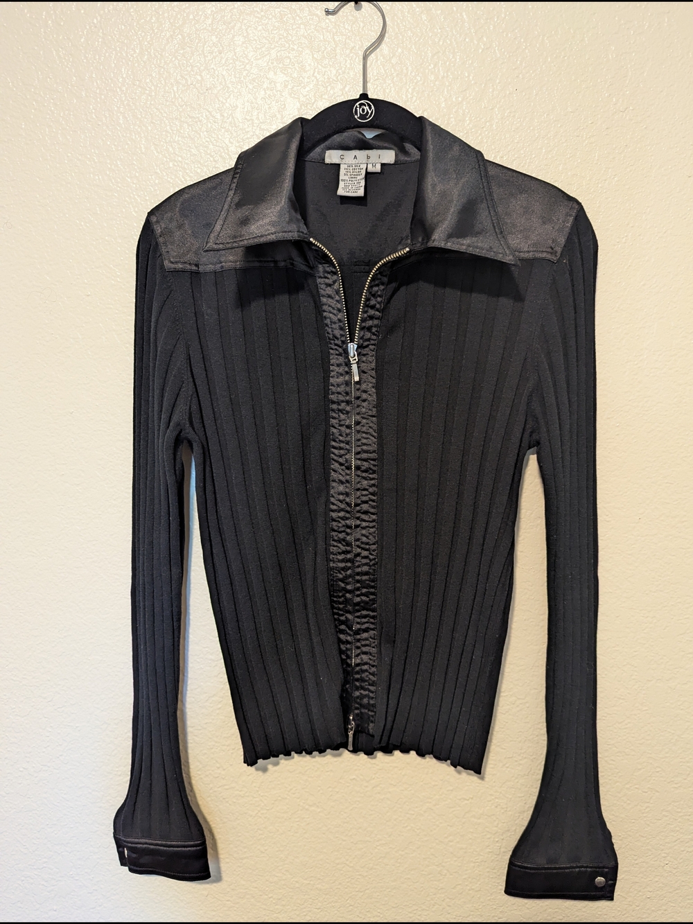 CAbi Black Satin-Trim Zip Jacket